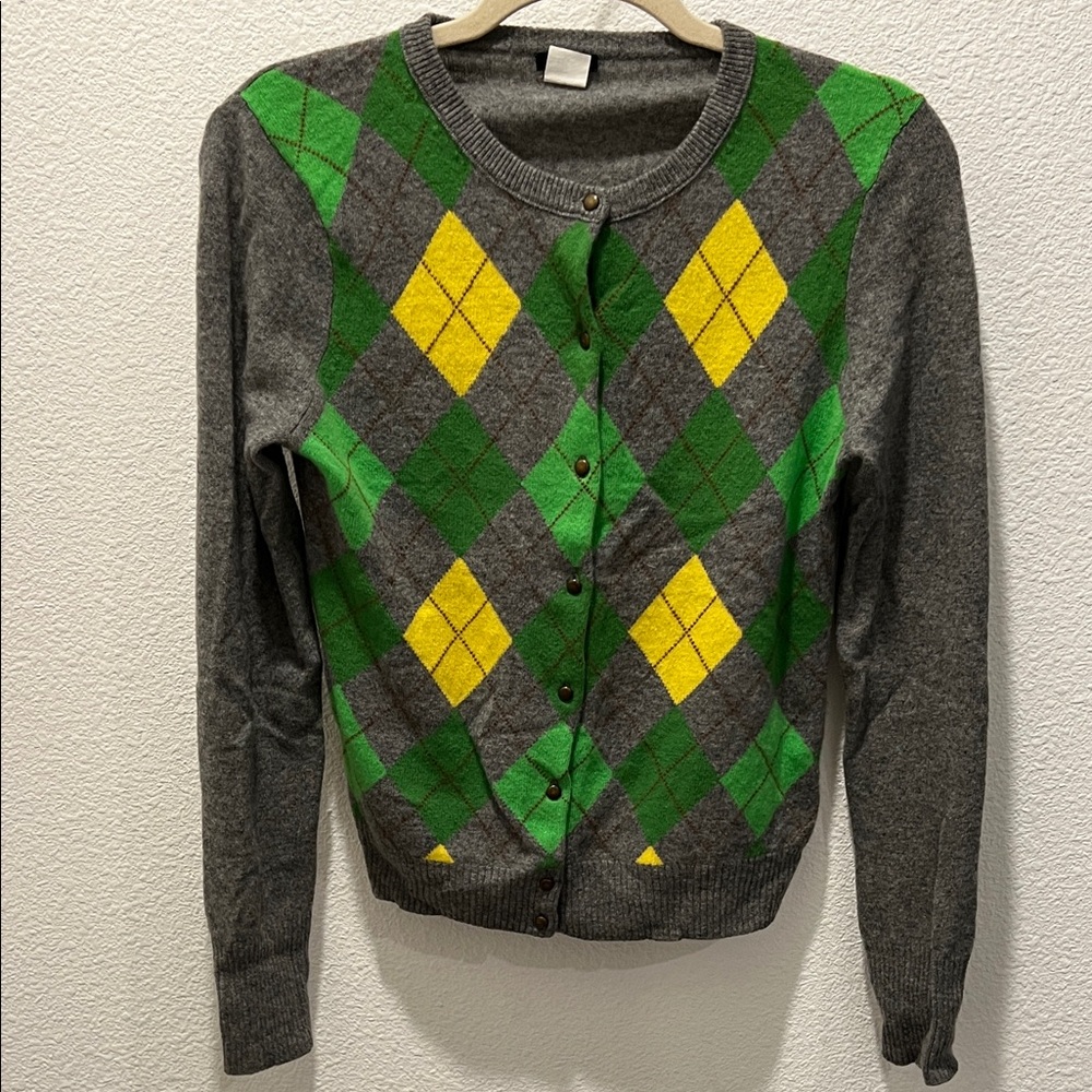 J. Crew Gray Cardigan with Green and Yellow Argyle